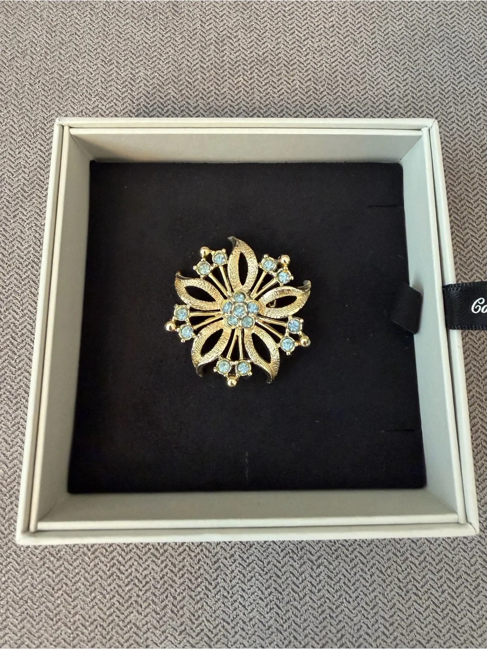 Vintage Gold Floral Crystal Brooch - Blue Accent
